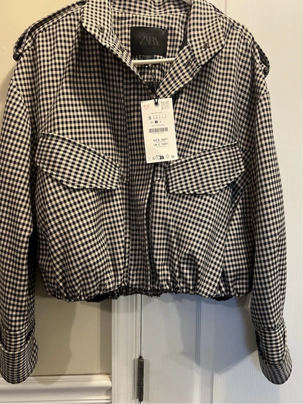 Zara Black and White Gingham Cropped Utility Jacket